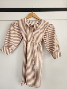 SHEIN Brown & White Striped Puff-Sleeve Kids Dress